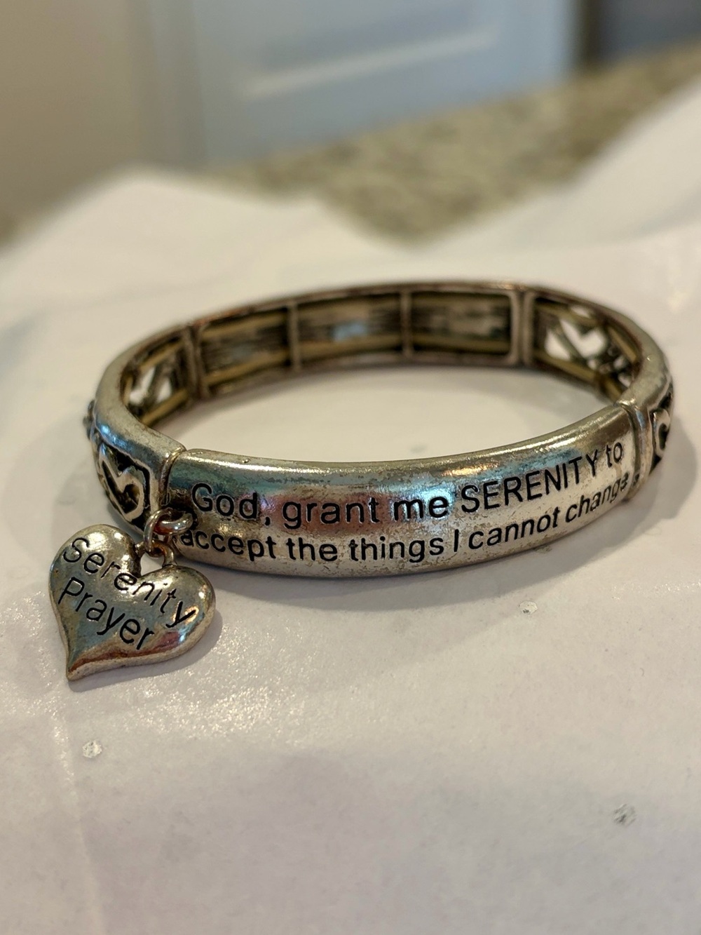 Silver Serenity Prayer Heart Charm Stretch Bracelet - Picture 2 of 6